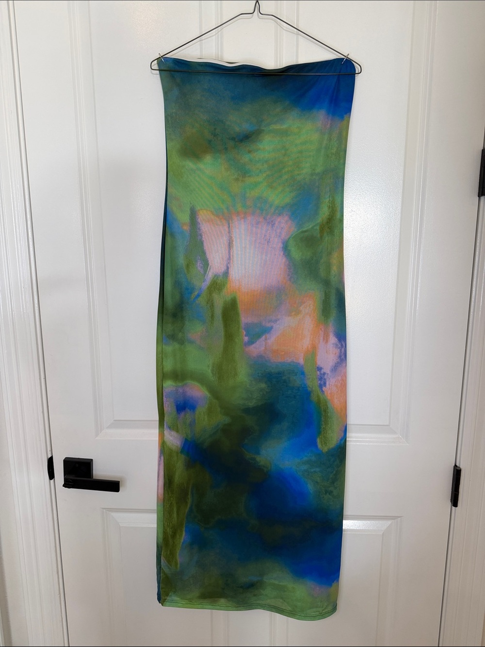 Strapless Maxi Dress in Green, Blue & Pink Abstract Print